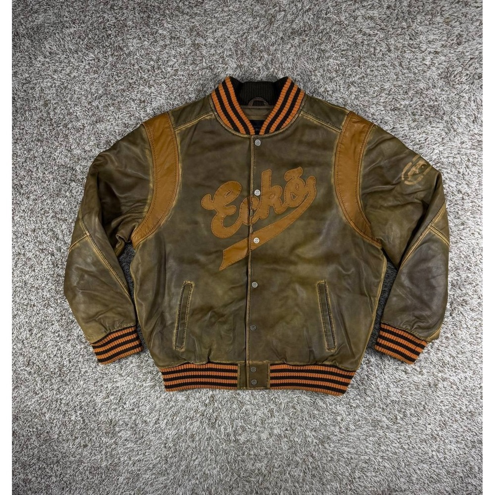 Ecko Unltd Vintage Leather Bomber Jacket Y2K Varsity Rhino Logo XL Hip Hop
